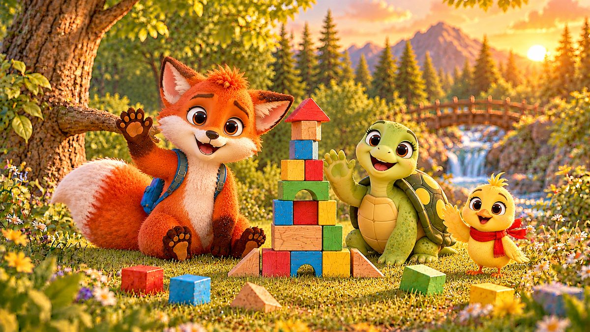 Fito, Tula y Pipo saludan junto a una torre de bloques al atardecer