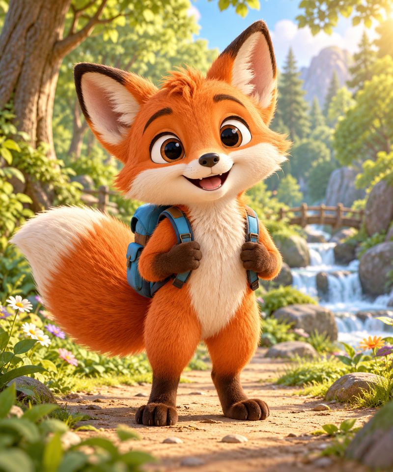 Fito, un zorrito naranja con una mochila azul, sonríe en el bosque